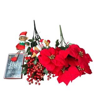 Michaels Red Poinsettia Berry Holiday Christmas Bundle Cards Plush Elf Shelf